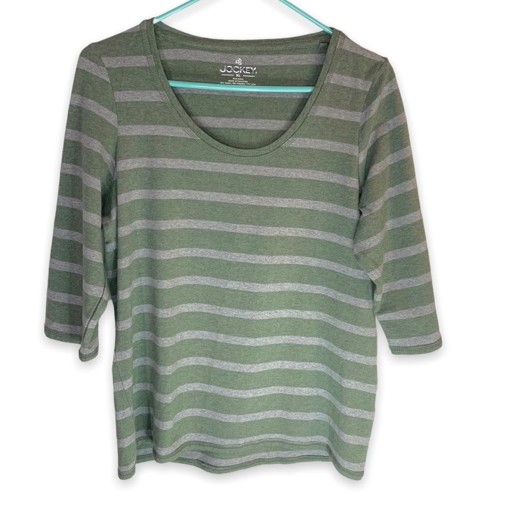 Jockey Womens XL Green Gray Striped Scoop Neck Top 3/4 Sleeve Stretch Athleisure